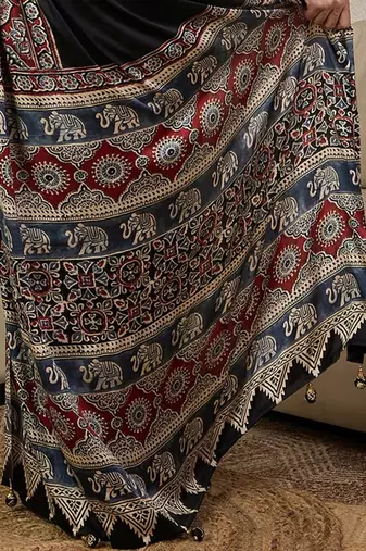 black ethnic motifs ajrak crepe ready to wear block print saree