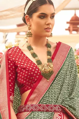Green ethnic motifs woven design zari patola saree