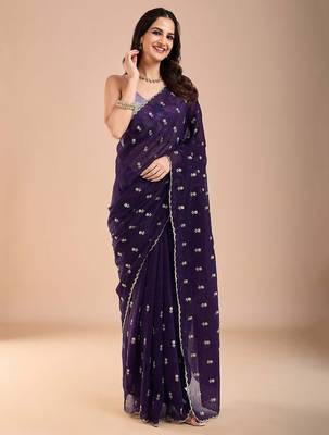 Purple floral sequinned tissue saree 1