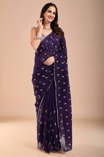 Purple floral sequinned tissue saree