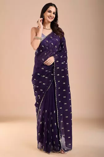 Purple floral sequinned tissue saree