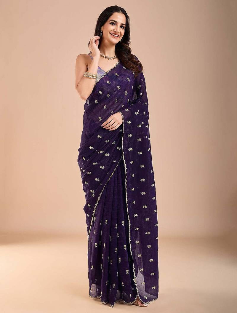 Purple floral sequinned tissue saree