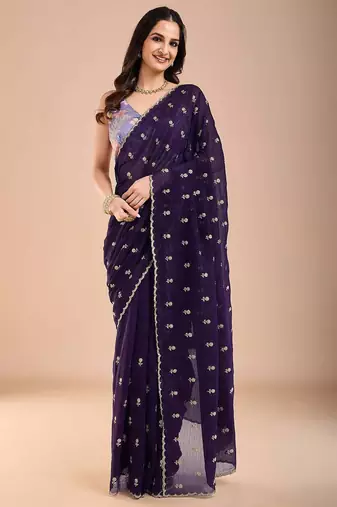 Purple floral sequinned tissue saree