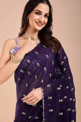 Purple floral sequinned tissue saree