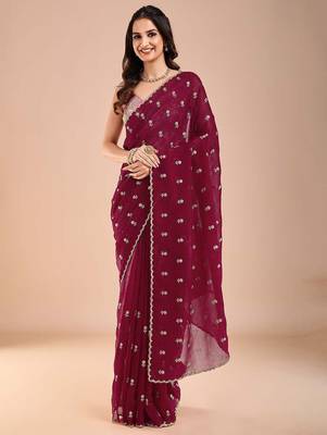 Maroon floral sequinned tissue saree 1