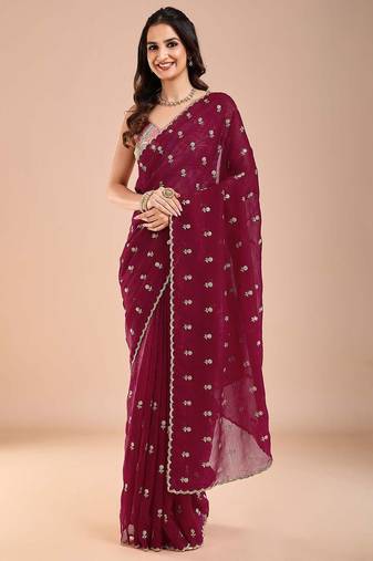Maroon floral sequinned tissue saree