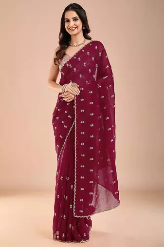 Maroon floral sequinned tissue saree