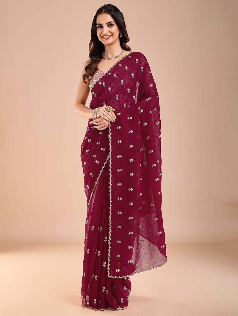 Maroon floral sequinned tissue saree