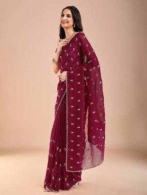 Maroon floral sequinned tissue saree 2