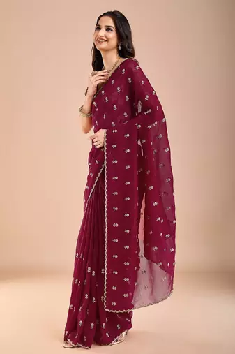 Maroon floral sequinned tissue saree