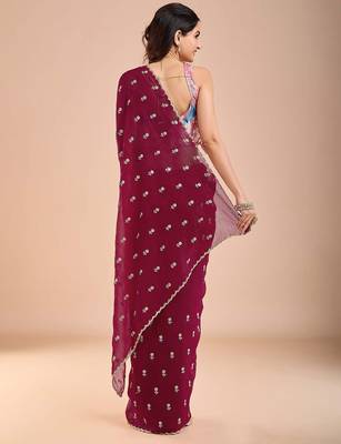 Maroon floral sequinned tissue saree 3