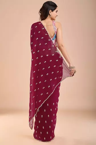 Maroon floral sequinned tissue saree