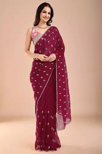 Maroon floral sequinned tissue saree