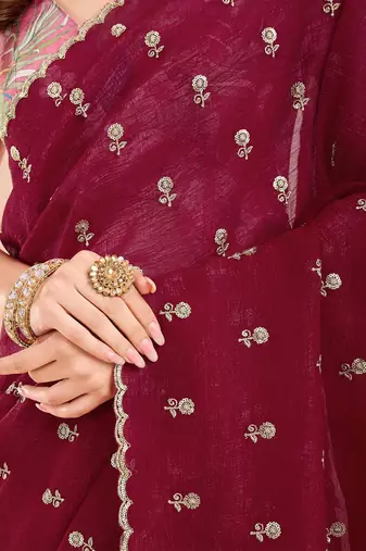 Maroon floral sequinned tissue saree
