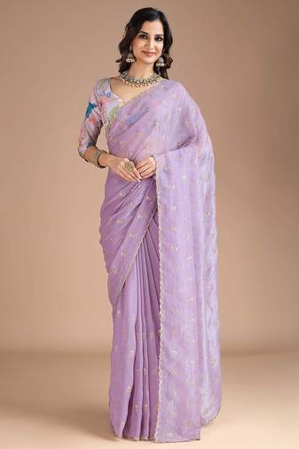 Lavender floral sequinned tissue saree