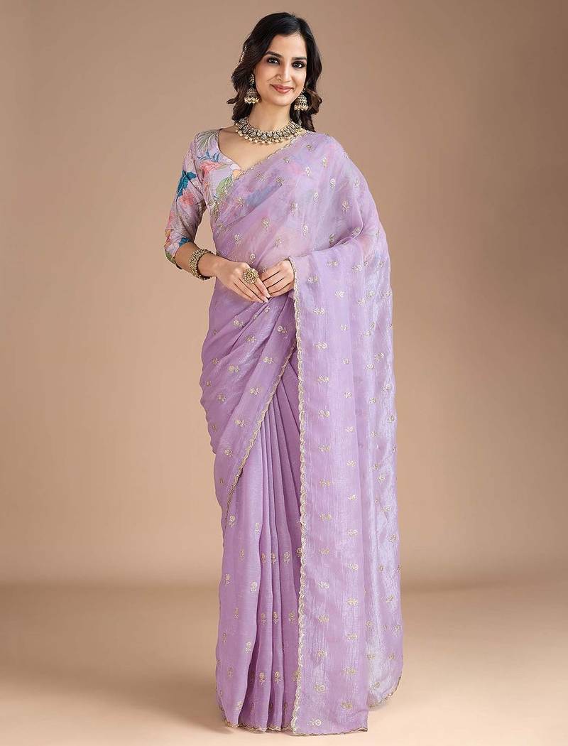 Lavender floral sequinned tissue saree