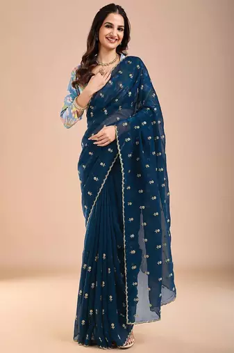 Blue floral sequinned tissue saree