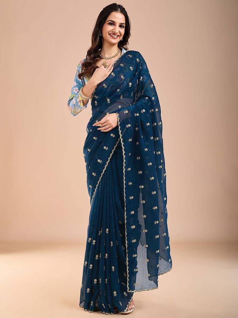 Blue floral sequinned tissue saree