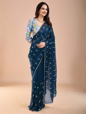 Blue floral sequinned tissue saree 2