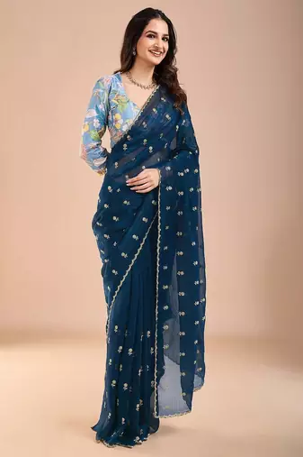 Blue floral sequinned tissue saree