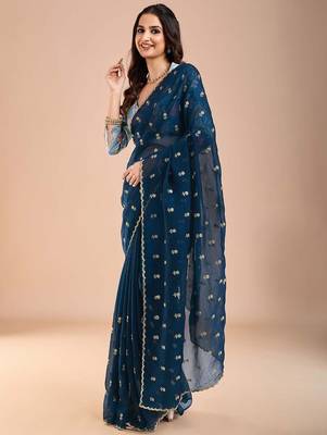 Blue floral sequinned tissue saree 3