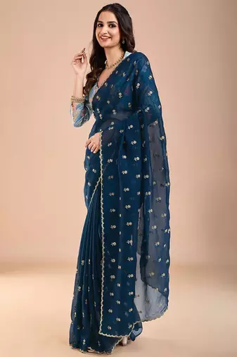 Blue floral sequinned tissue saree