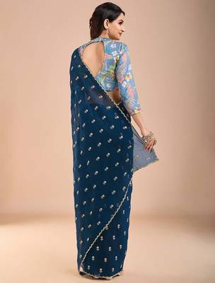 Blue floral sequinned tissue saree 4