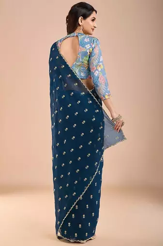 Blue floral sequinned tissue saree