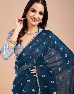 Blue floral sequinned tissue saree 5