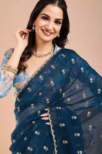 Blue floral sequinned tissue saree
