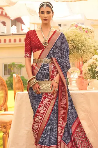 Navy blue ethnic printed zari patola saree