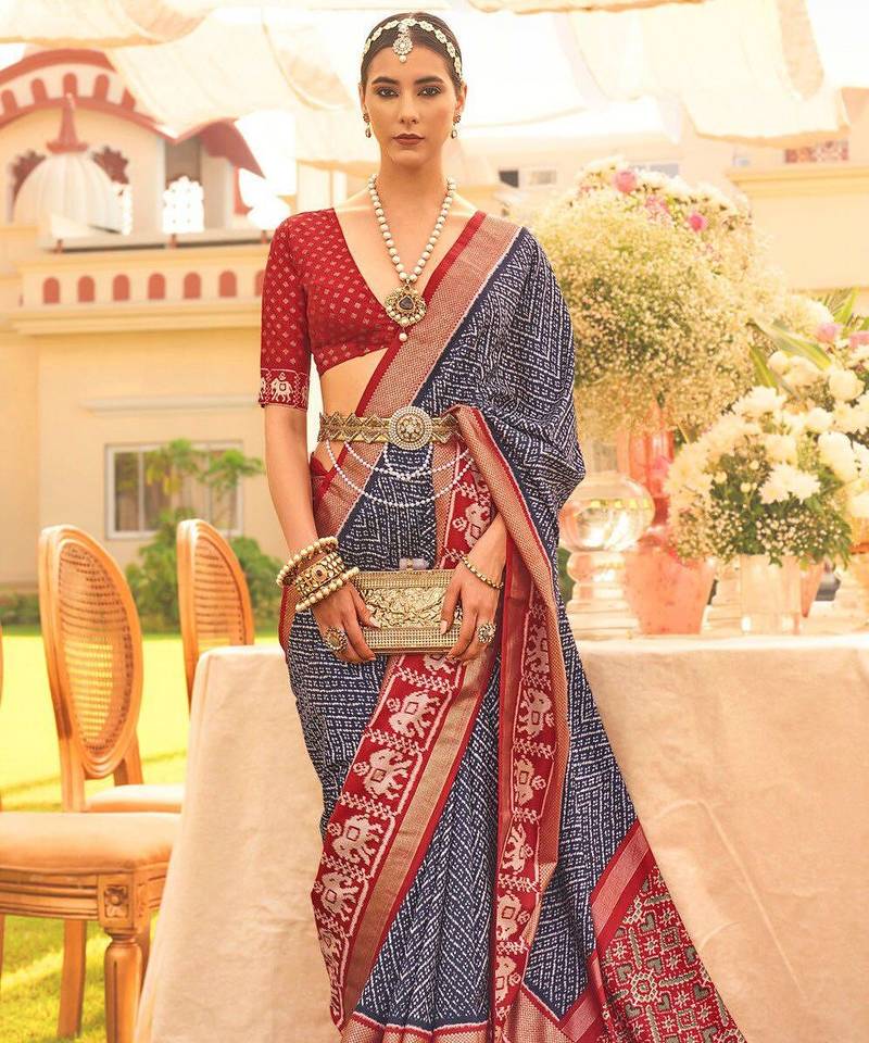 Navy blue ethnic printed zari patola saree