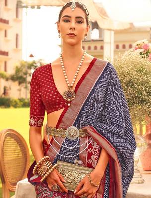 Navy blue ethnic printed zari patola saree 2