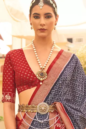 Navy blue ethnic printed zari patola saree