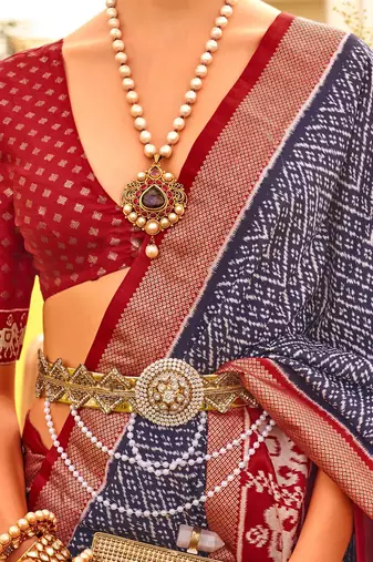 Navy blue ethnic printed zari patola saree