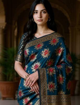 Teal floral zari silk blend heavy work banarasi saree 1
