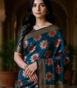 Teal floral zari silk blend heavy work banarasi saree