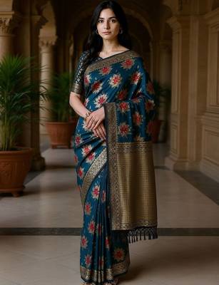 Teal floral zari silk blend heavy work banarasi saree 2