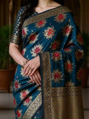 Teal floral zari silk blend heavy work banarasi saree 3