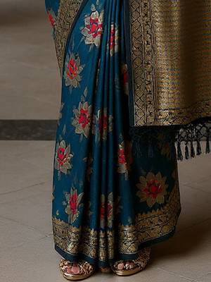 Teal floral zari silk blend heavy work banarasi saree 5