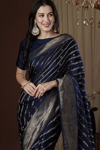 navy blue ethnic motifs zari satin saree