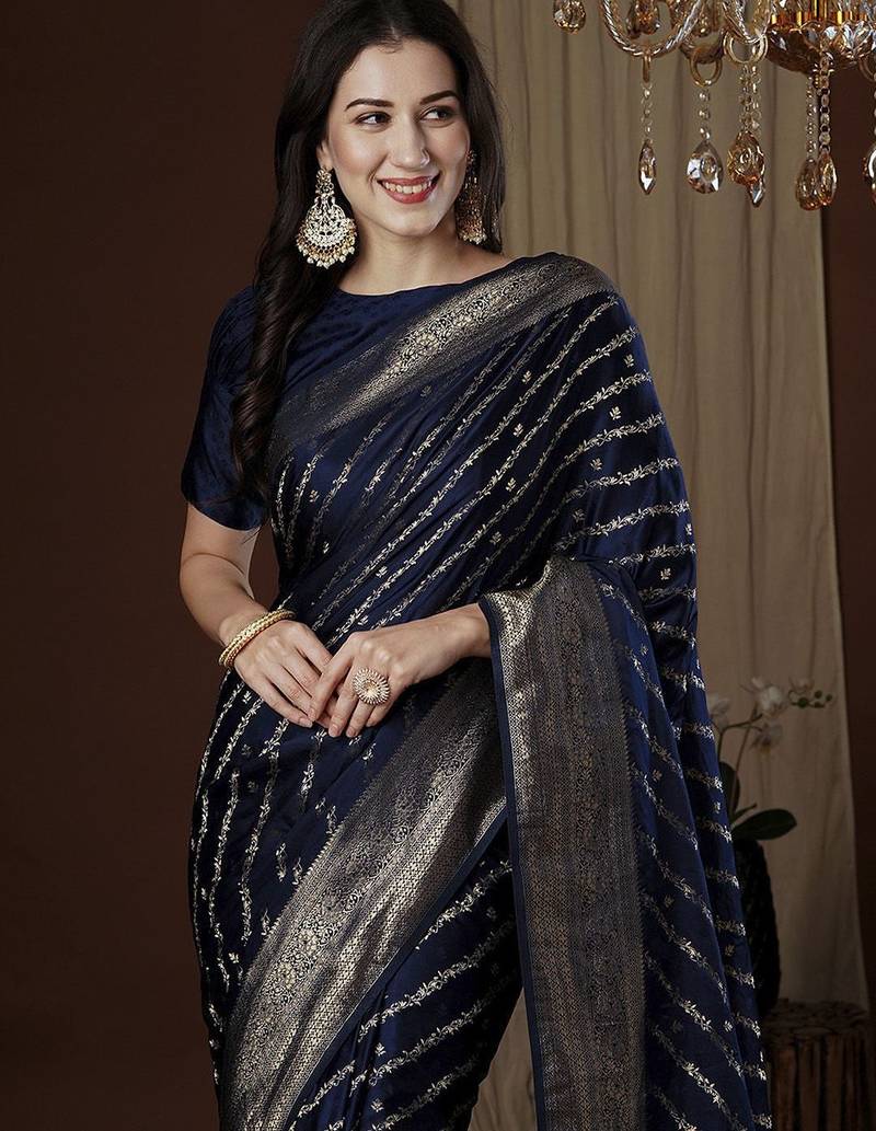 navy blue ethnic motifs zari satin saree