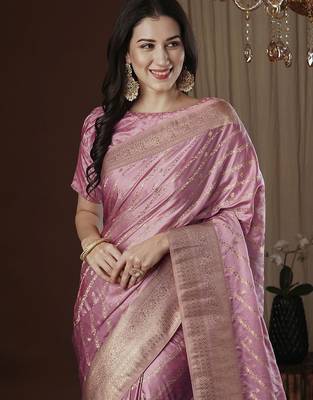 pink ethnic motifs zari satin kanjeevaram saree 1