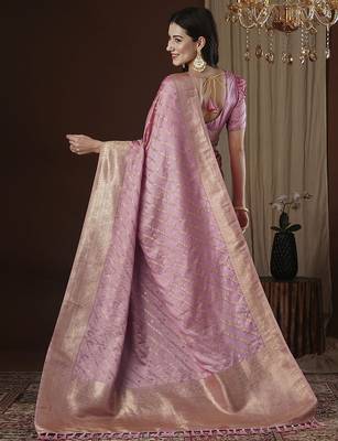pink ethnic motifs zari satin kanjeevaram saree 3