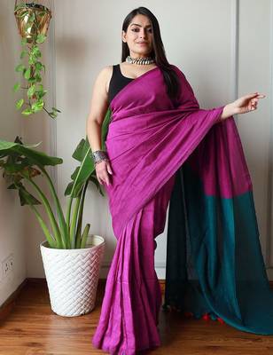 pink cotton blend colourblocked saree 1