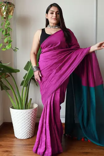 pink cotton blend colourblocked saree