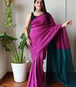 pink cotton blend colourblocked saree