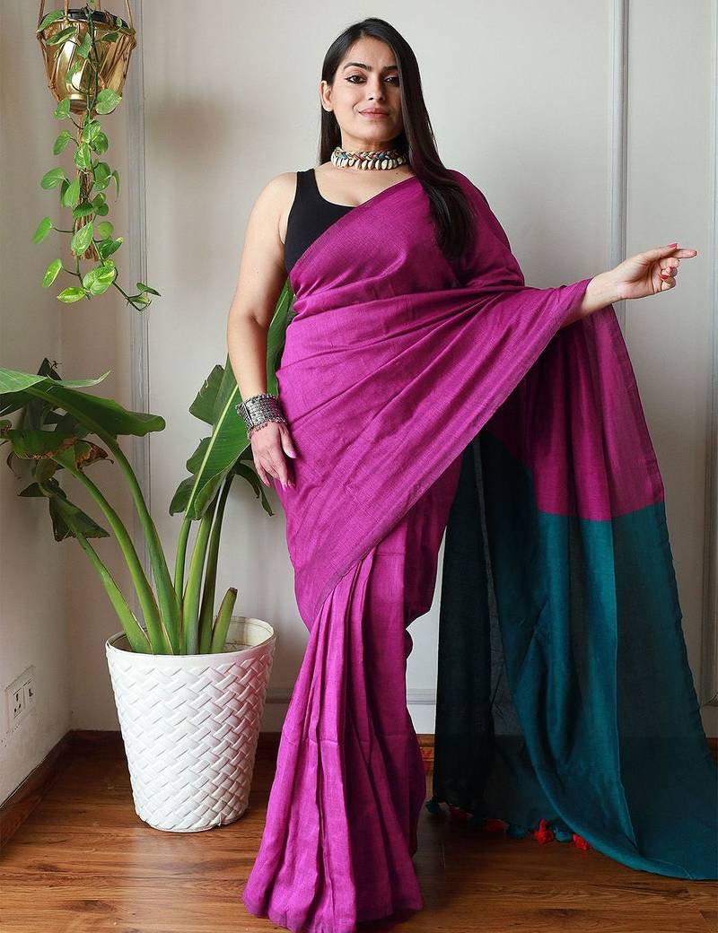pink cotton blend colourblocked saree
