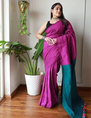 pink cotton blend colourblocked saree 2