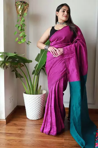 pink cotton blend colourblocked saree